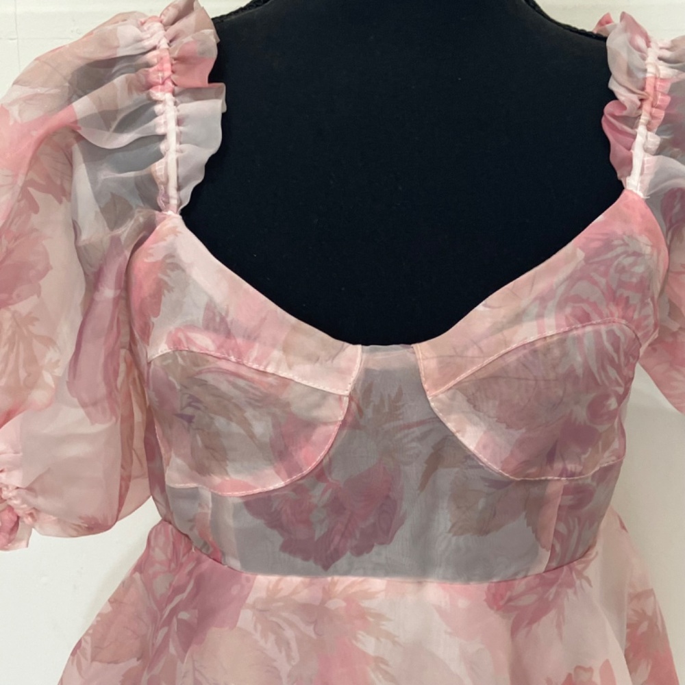 Pink Floral Puff-Sleeve Mini Dress - Picture 6 of 11